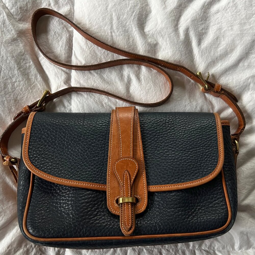 Vintage Dooney & Bourke R54 All-Weather Leather large Equestrian bag in Navy/Tan